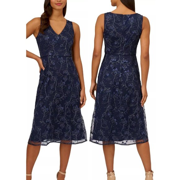 Papell Studio by Adrianna Papell Navy Midi Dress Size 4 New with Tags NWT - Picture 1 of 3